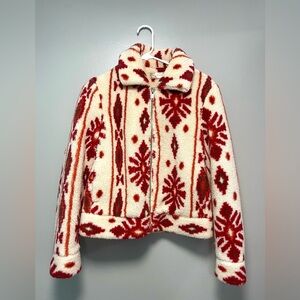 Southwestern Cream Red Zip Up Sherpa Jacket
